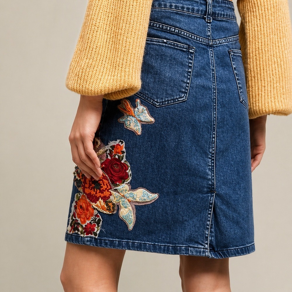 Anthropologie NEW Cecilia Prado Gardeners Denim Embroidered Jean Skirt SZ Small - Picture 5 of 13